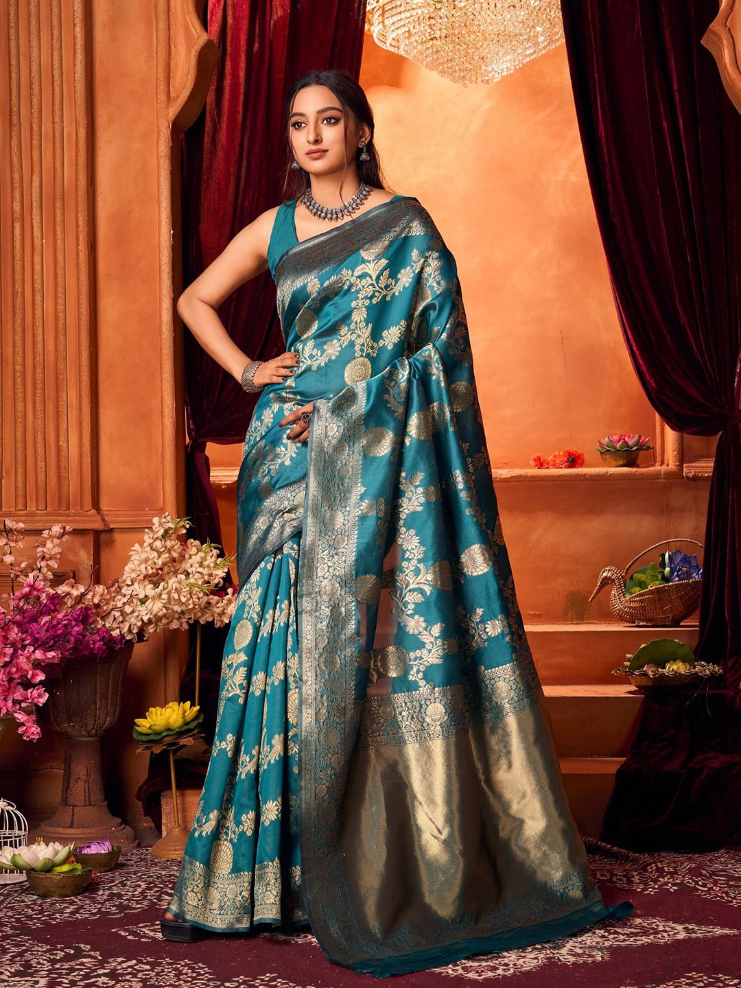

AADVIKA Ethnic Motifs Zari Art Silk Banarasi Saree, Blue