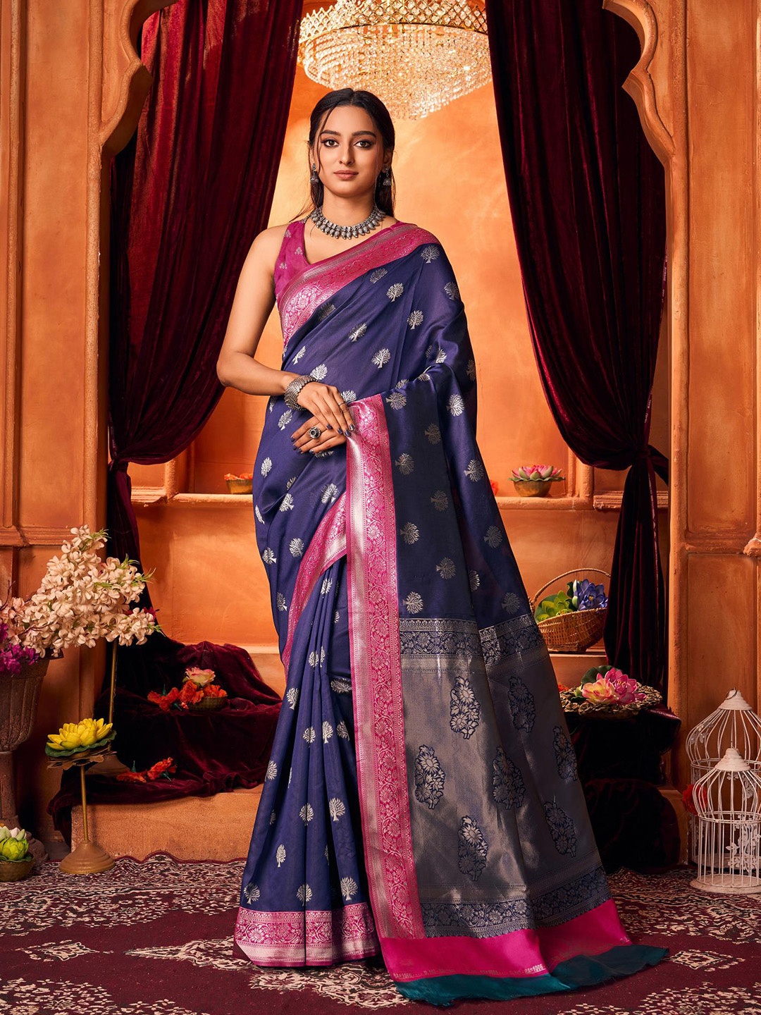 

AADVIKA Ethnic Motifs Zari Art Silk Banarasi Saree, Blue