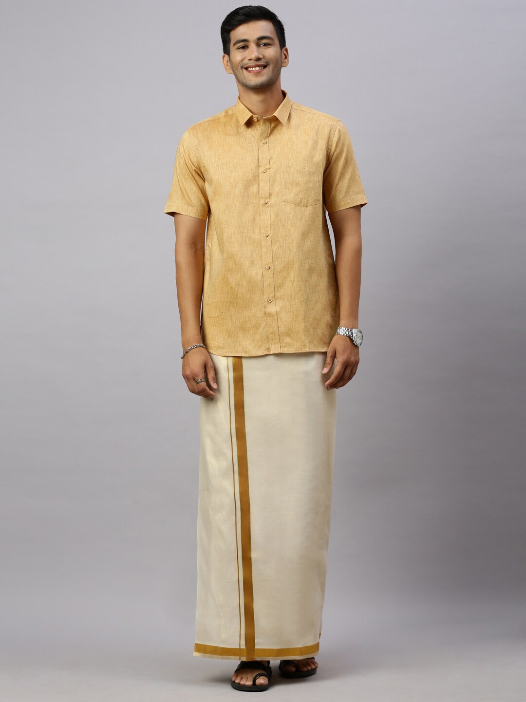 

Ramraj Cotton Shirt & Matching Border Tissue Dhoti Set, Mustard