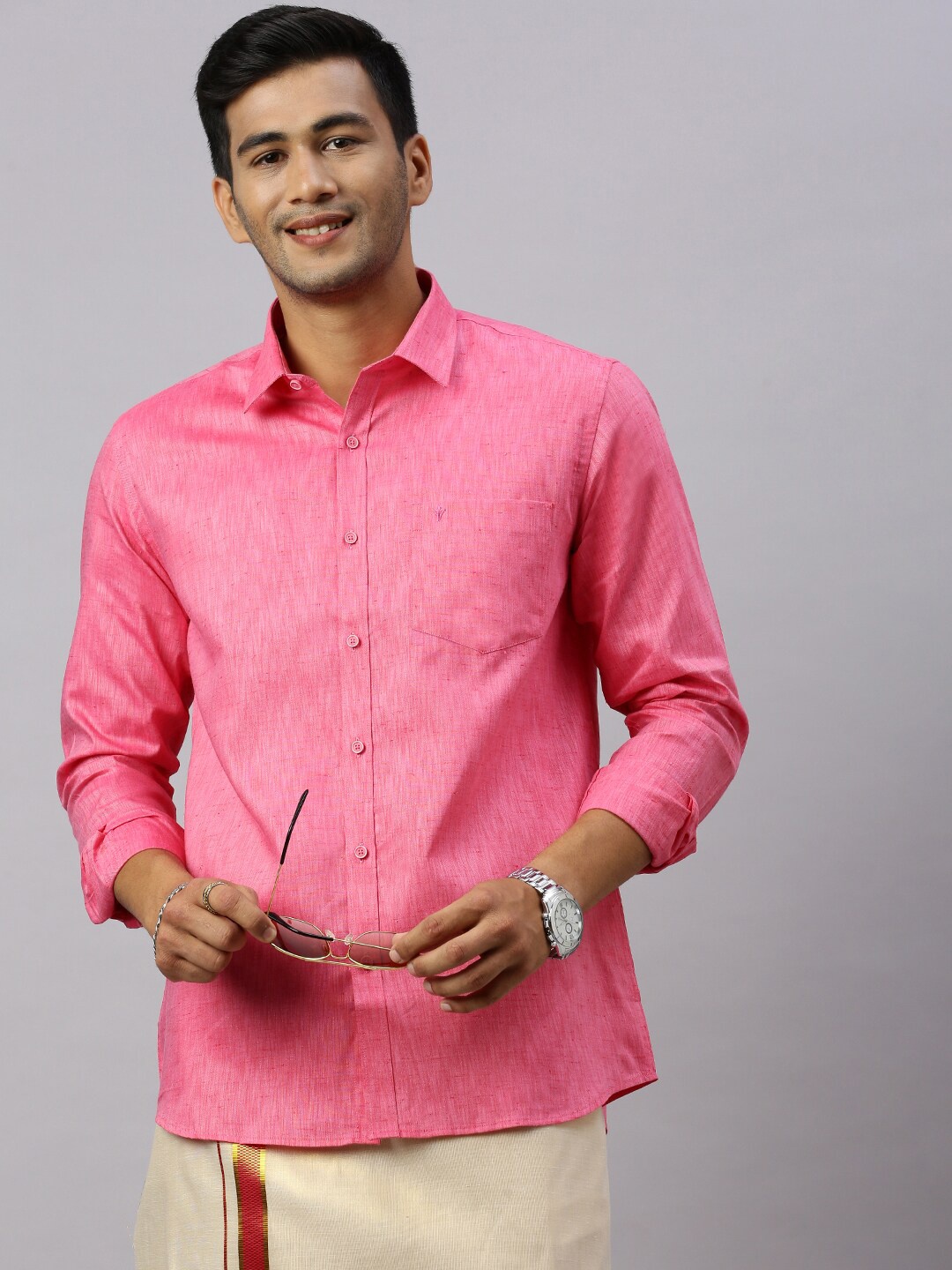 

Ramraj Cotton Shirt & Matching Border Tissue Dhoti Set, Pink