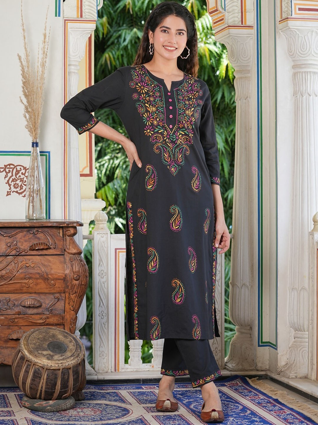 

YASH GALLERY Paisley Regular Thread Work Pure Cotton Straight Kurta With Trousers, Black