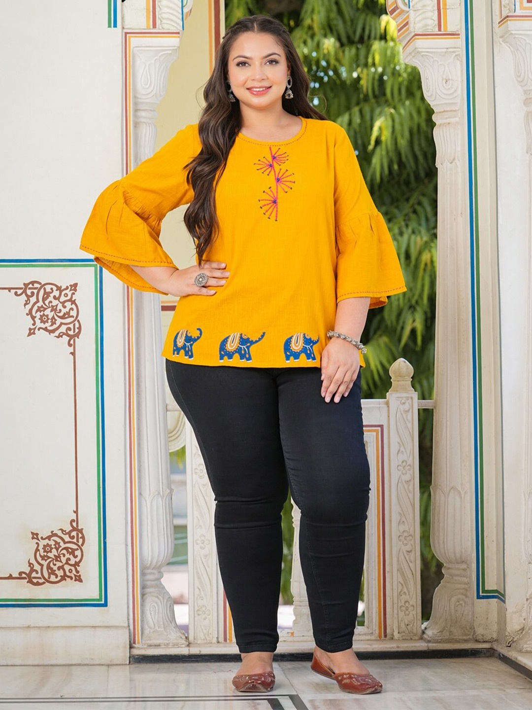 

YASH GALLERY Plus Size Round Neck Bell Sleeves Embroidered Cotton Top, Yellow