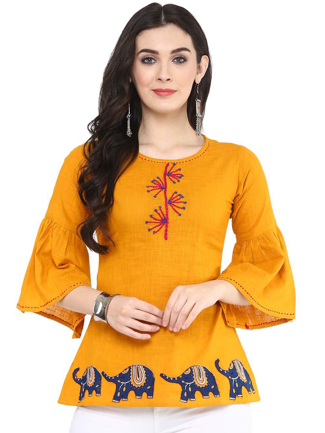

YASH GALLERY Cotton Embroidered Round Neck Top, Yellow