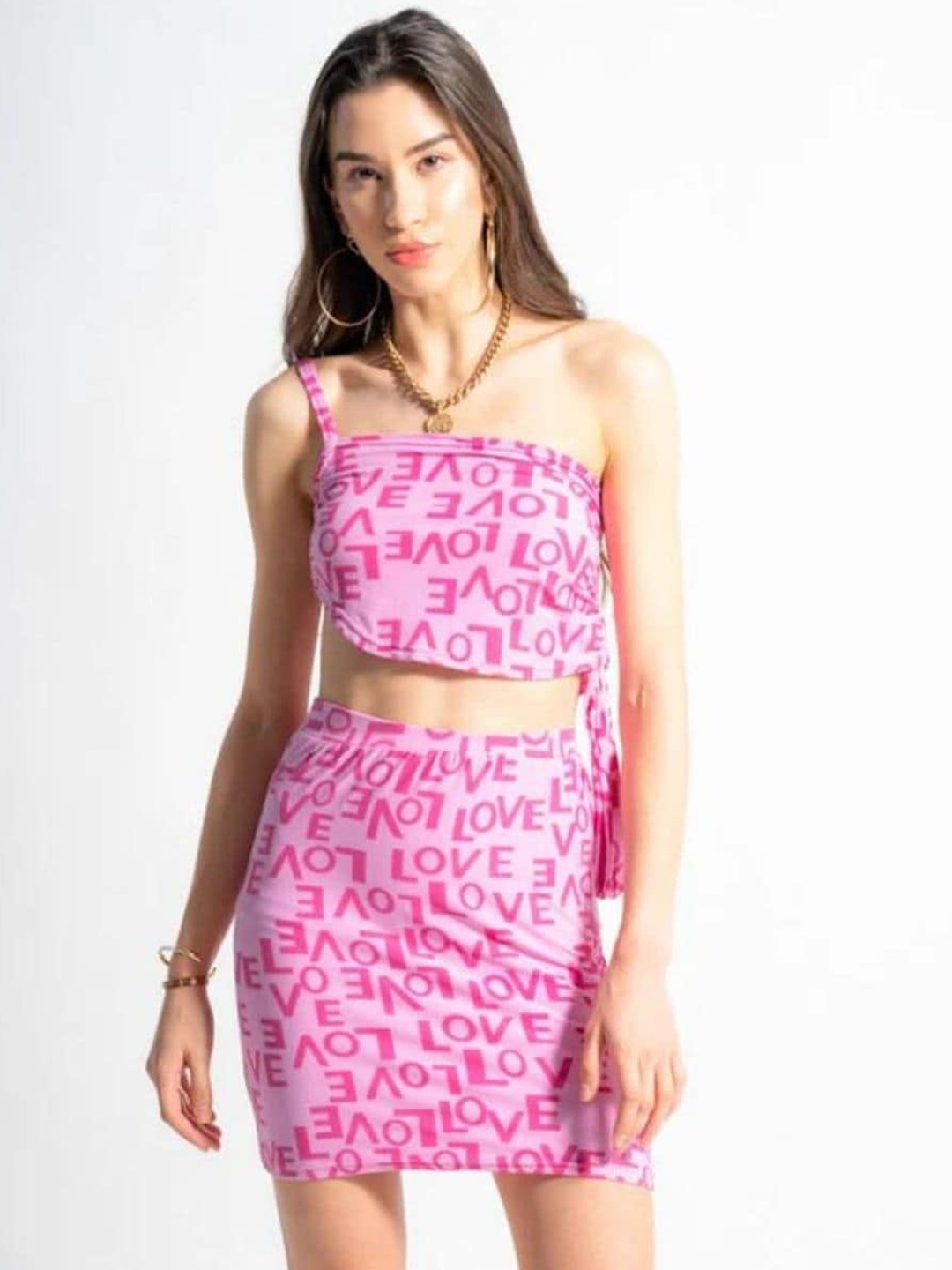 

HEY MISSY Printed Pure Cotton Crop Top & Skirt Co-Ords, Pink