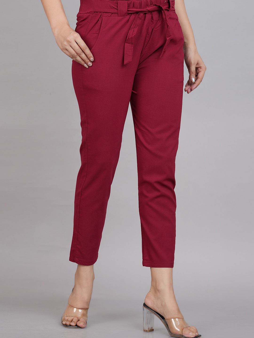 

YASH GALLERY Women Mid-Rise Peg Trousers, Maroon