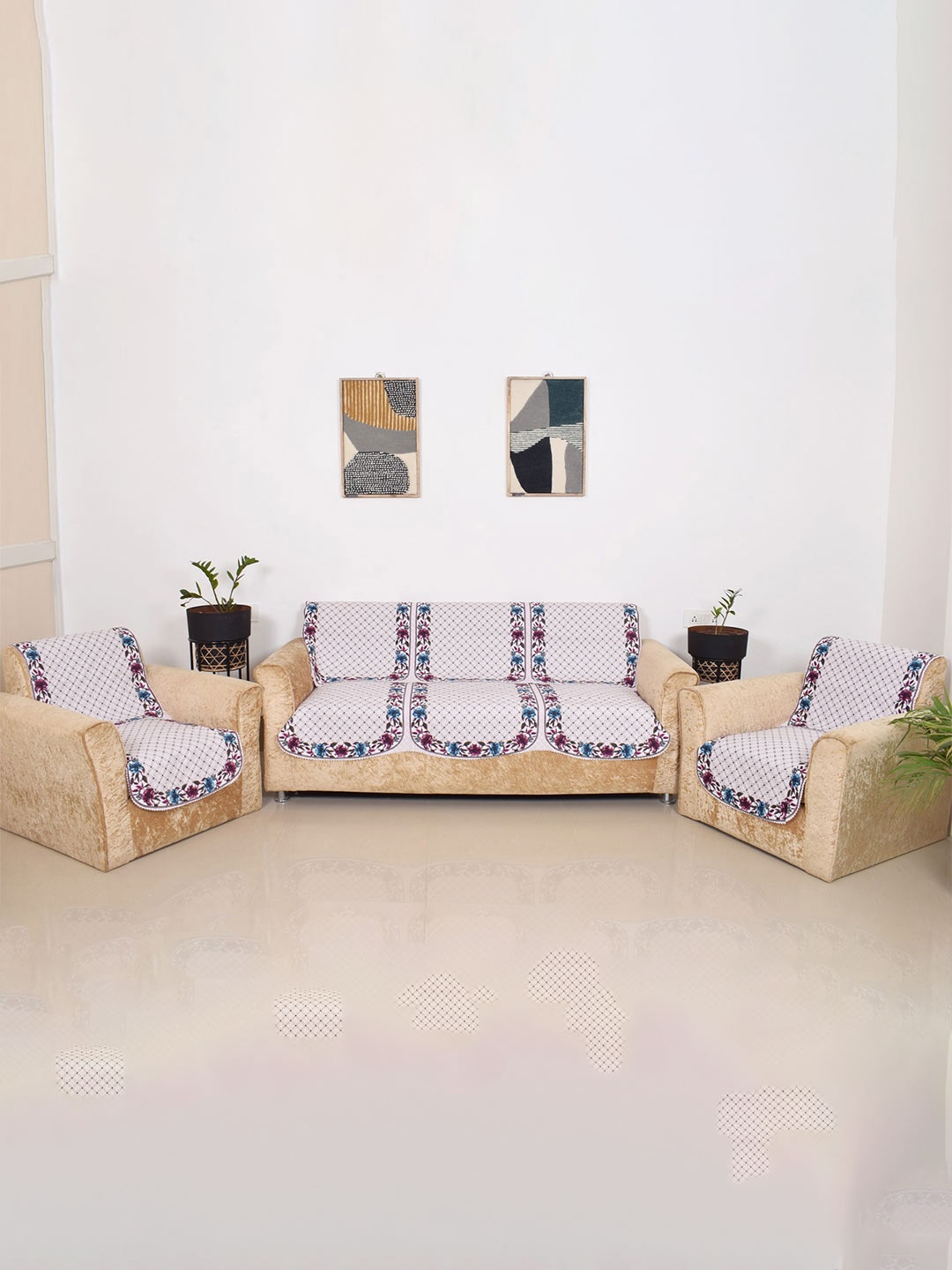 

BELLA TRUE White & Purple 3 Pieces Printed 5-Seater Sofa Covers