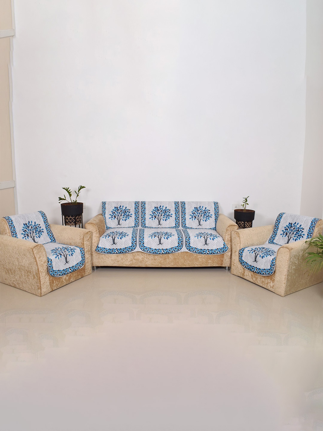 

BELLA TRUE Blue & White 3 Pieces Printed 5-Seater Sofa Covers