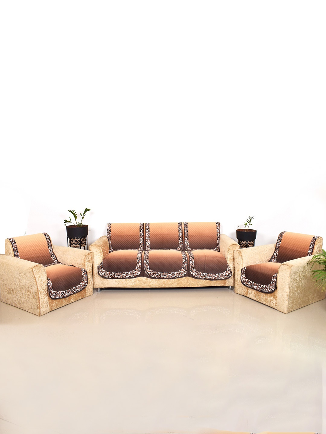 

BELLA TRUE Brown & White 3 Pieces Printed 5-Seater Sofa Covers