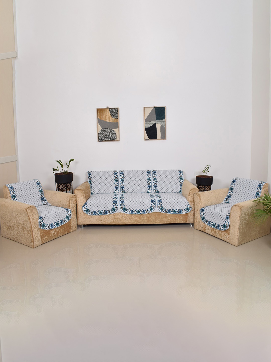 

BELLA TRUE White & Blue 6 Pieces Printed 5 Seater Sofa Covers