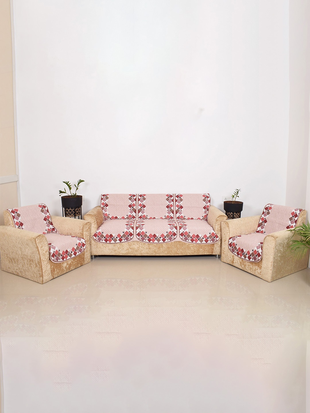 

BELLA TRUE Beige & White 3 Pieces Printed 5-Seater Sofa Covers
