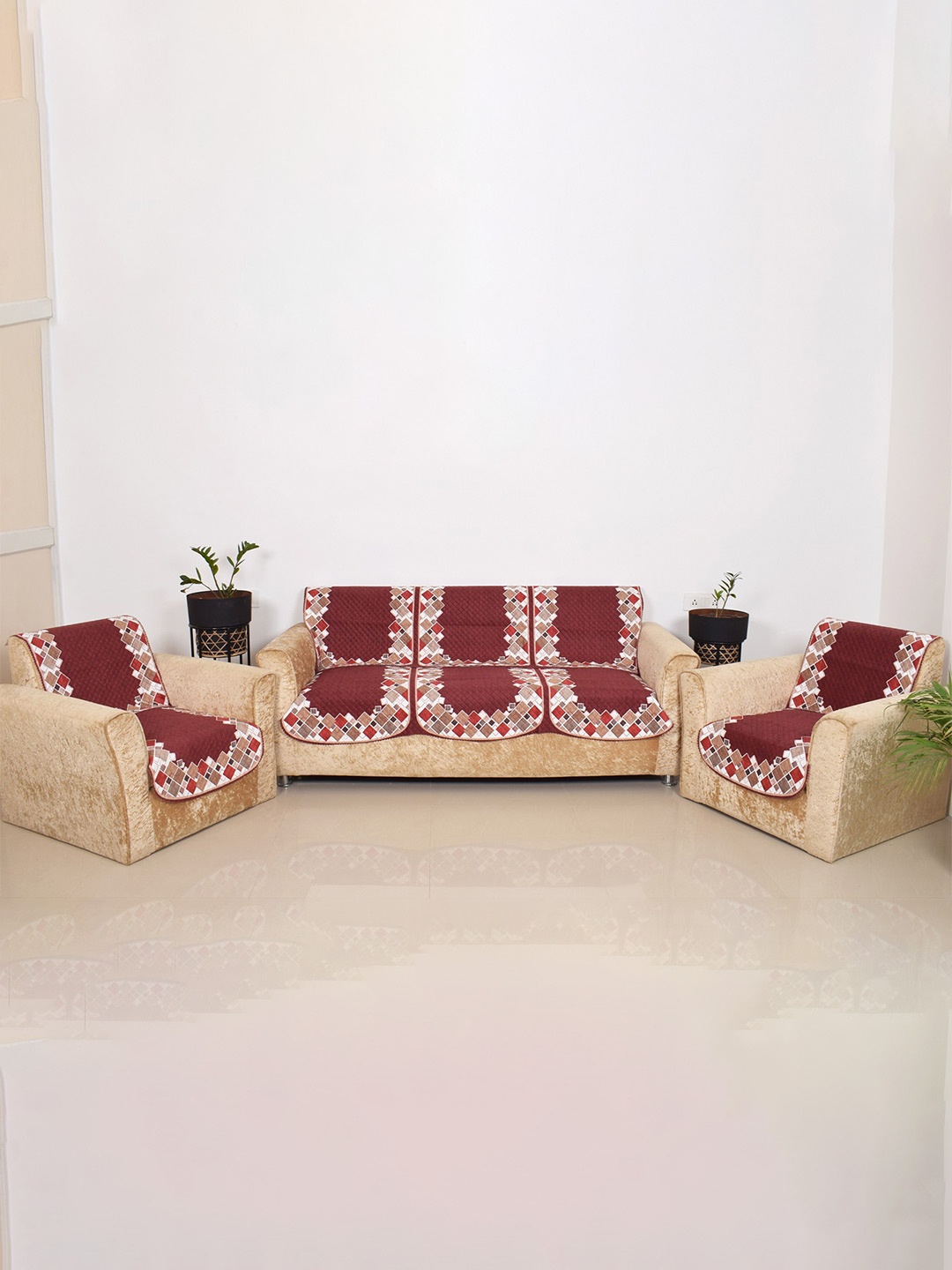 

BELLA TRUE Brown & White 6 Pieces Printed 5 Seater Sofa Covers