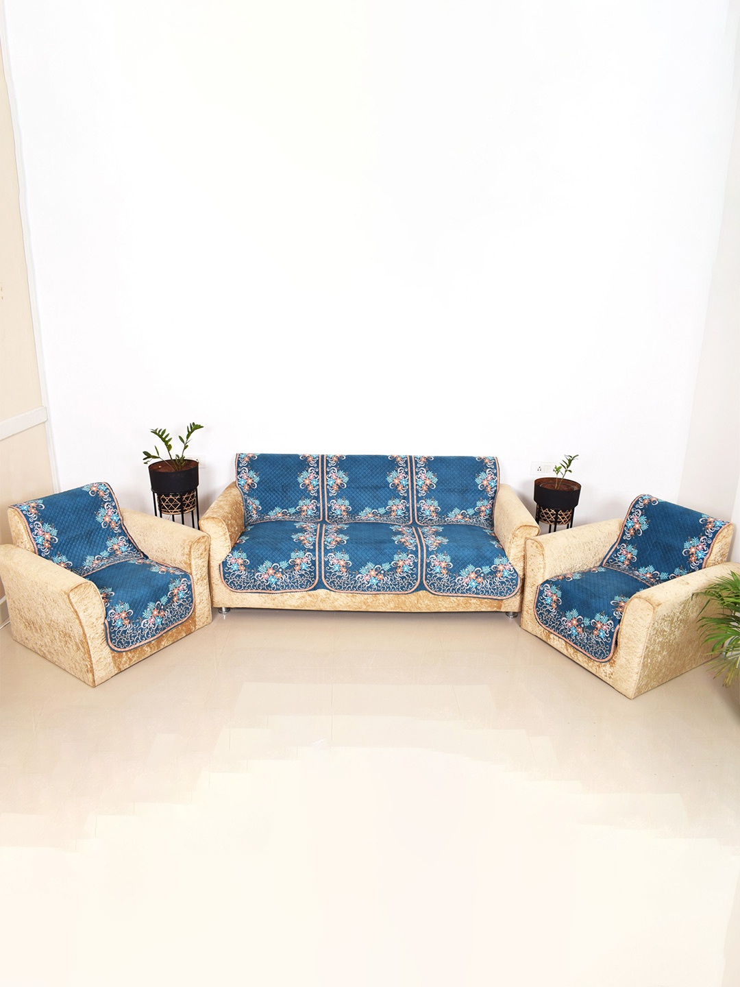 

BELLA TRUE Blue & Brown 6 Pieces Printed 5 Seater Sofa Covers
