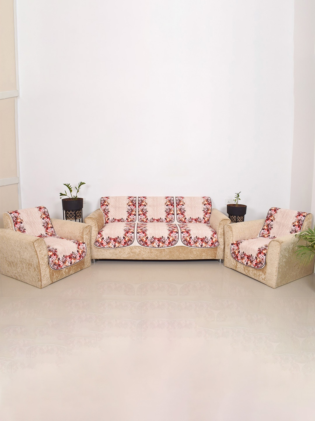 

BELLA TRUE Red & Beige 6 Pieces Printed 5 Seater Sofa Covers