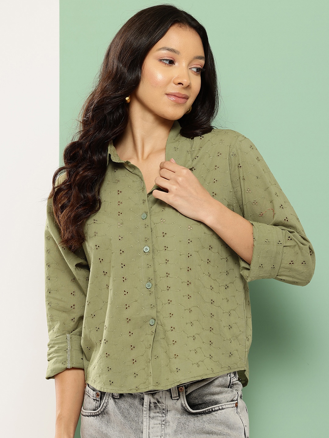 

BROOWL Women Classic Schiffli Semi Sheer Casual Shirt, Olive