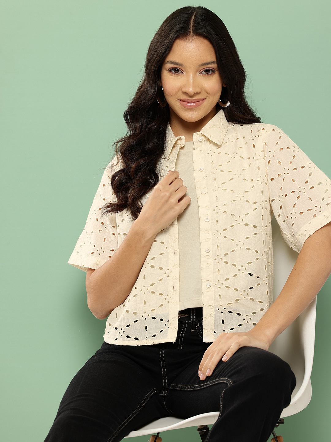 

BROOWL Women Classic Schiffli Semi Sheer Casual Shirt, Off white