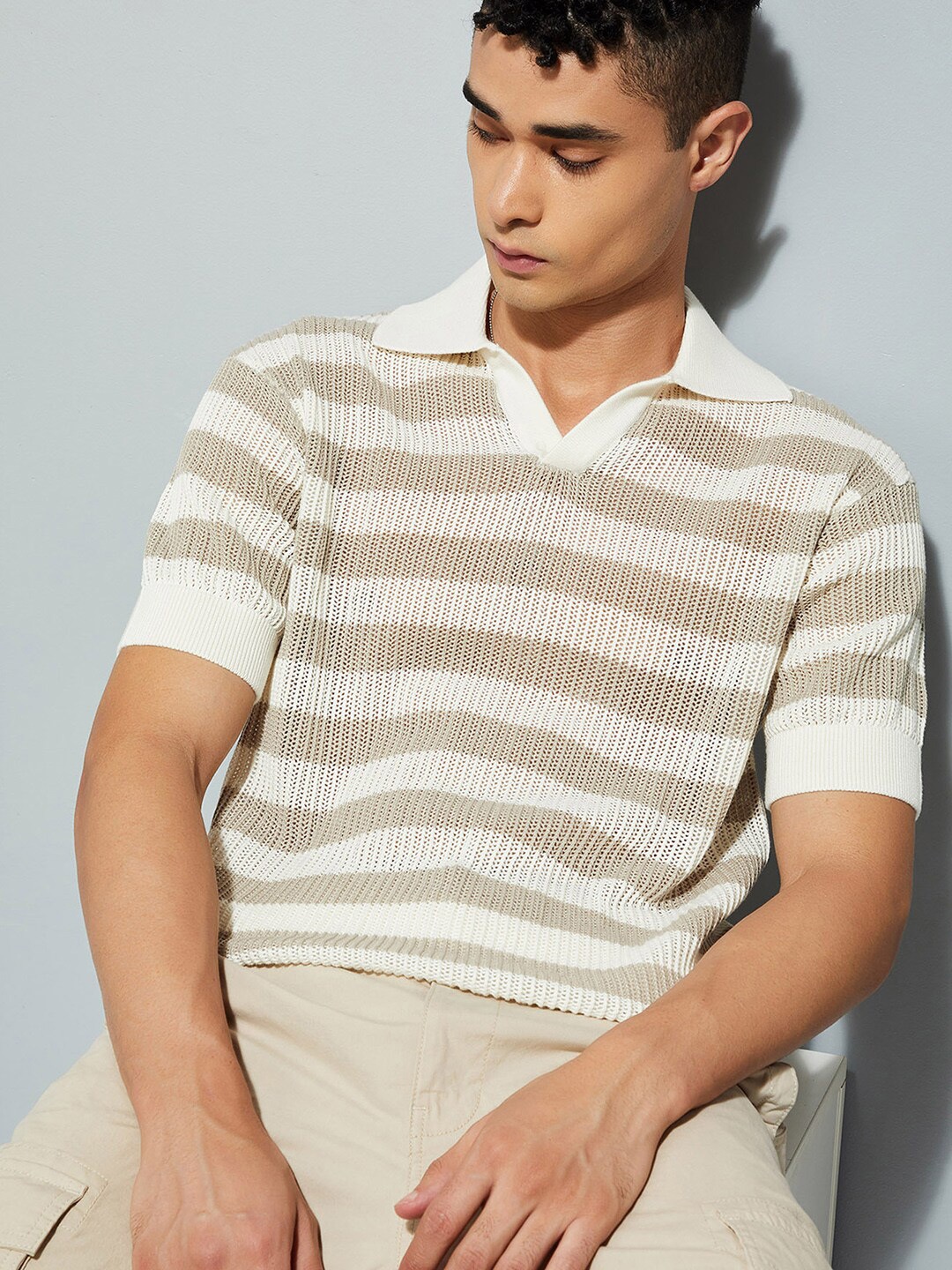

max URB_N Men Striped Knit Oversized Polo T-shirt, Beige