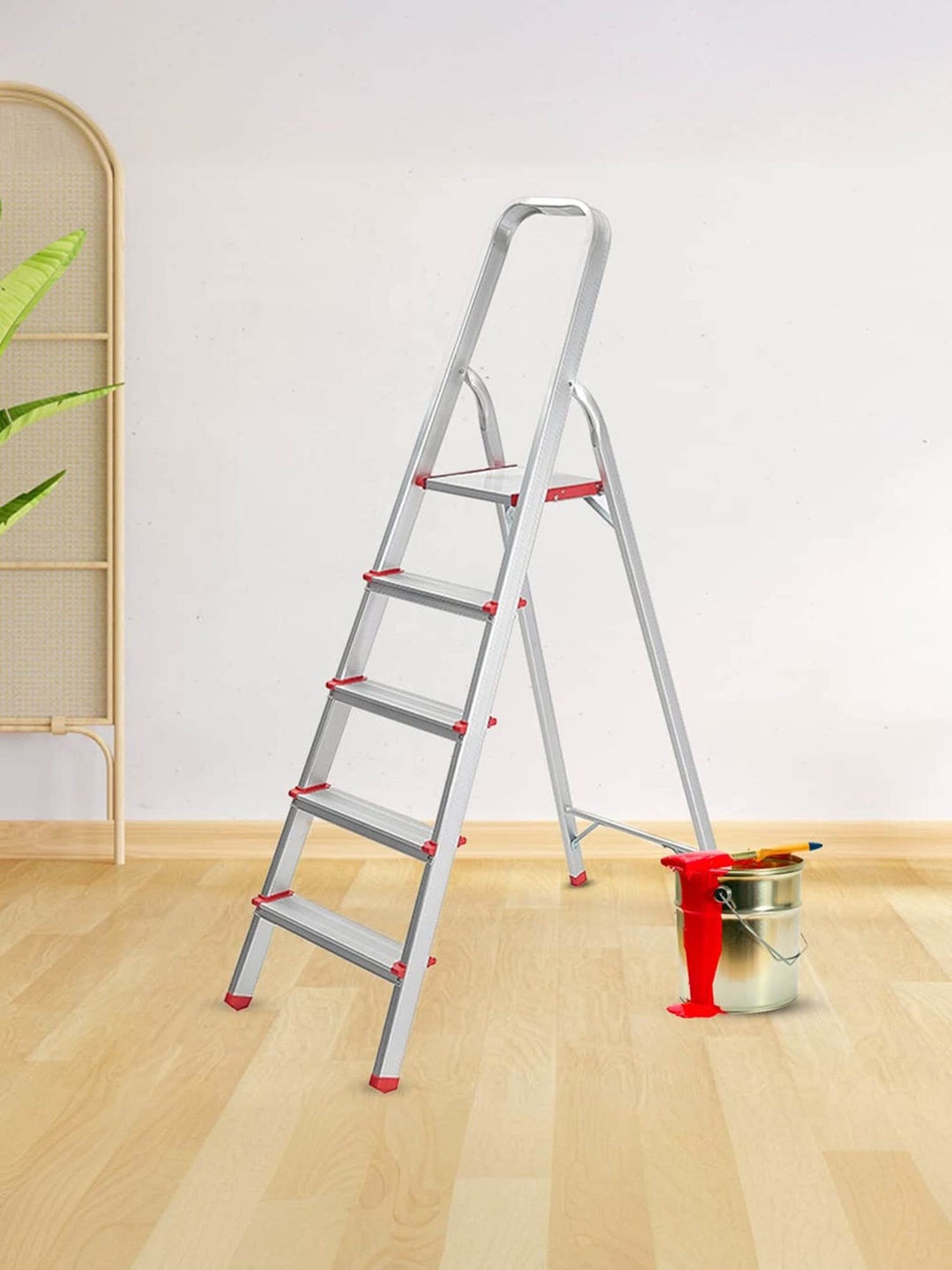 

Cheston Grey & Red 5-Step Aluminum Skid Free Step Ladder, Silver