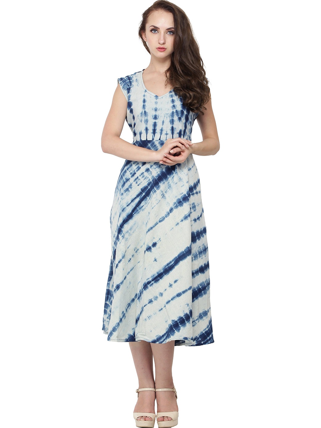 

Exotic India Tie and Dye Print Extended Sleeves Cotton A-Line Midi CottonDress, Blue