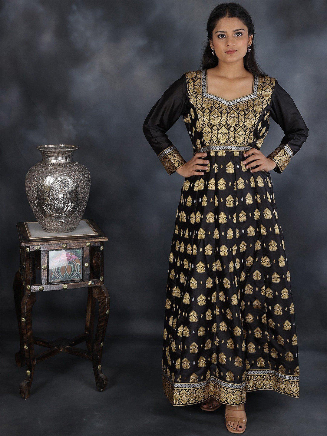 

Exotic India Black Pure Silk Anarkali Dress with Resham Floral-Geometric Brocade Pattern