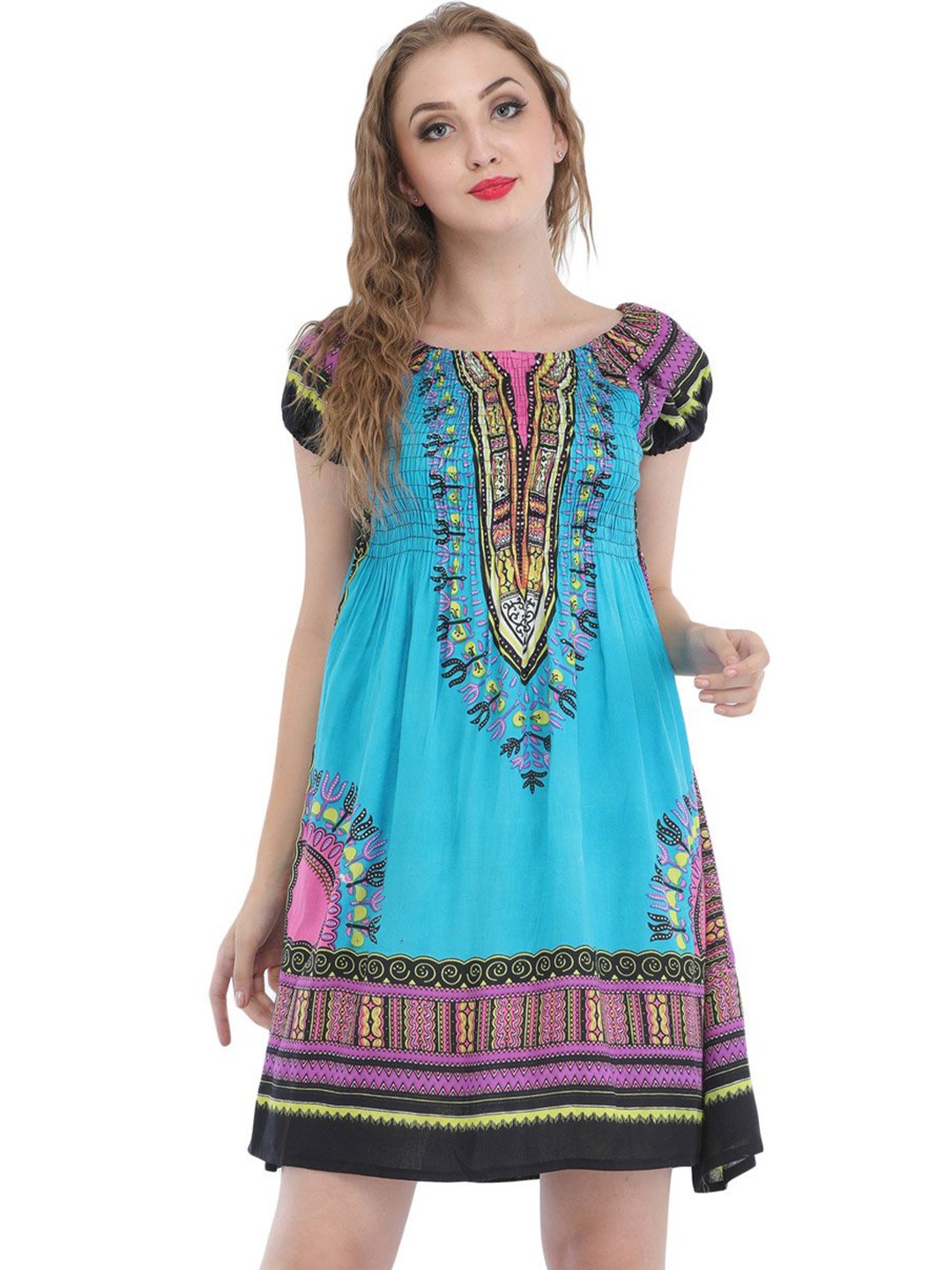 

Exotic India Ethnic Motifs Printed Smocked A-Line Dress, Blue