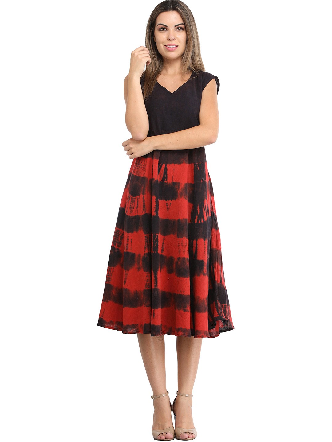

Exotic India Printed V Neck Sleeveless Midi Fit & Flare Dress, Red