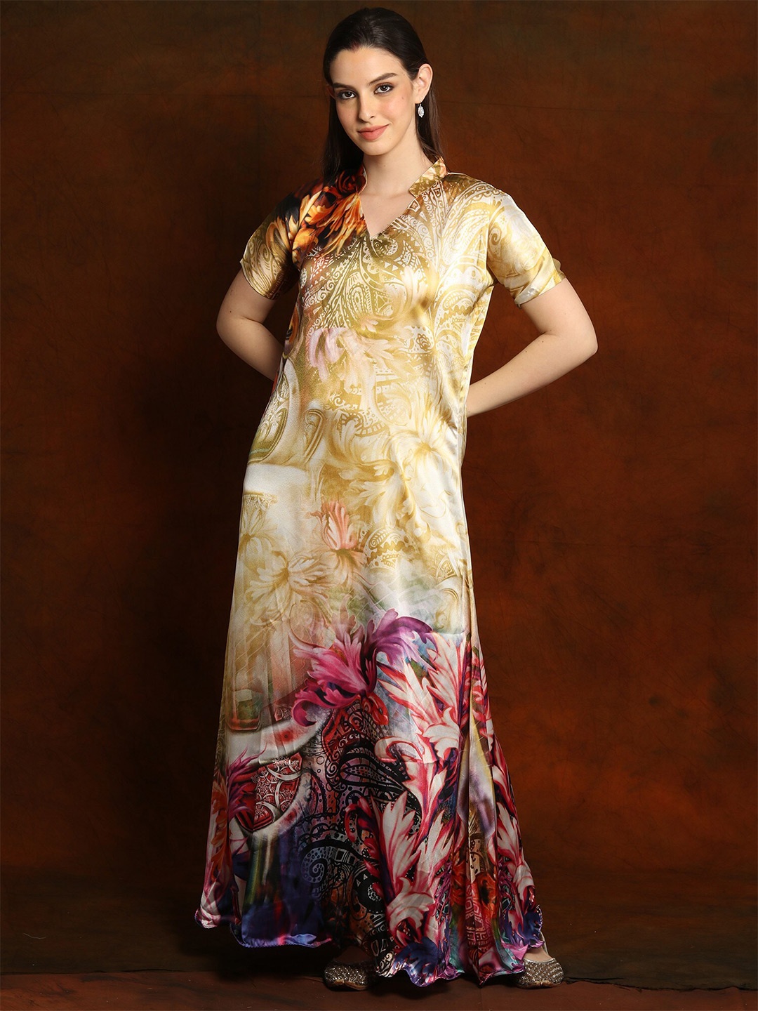 

Exotic India Multicolored Floral Print Satin Long Dress with Mandarin Collar, Gold