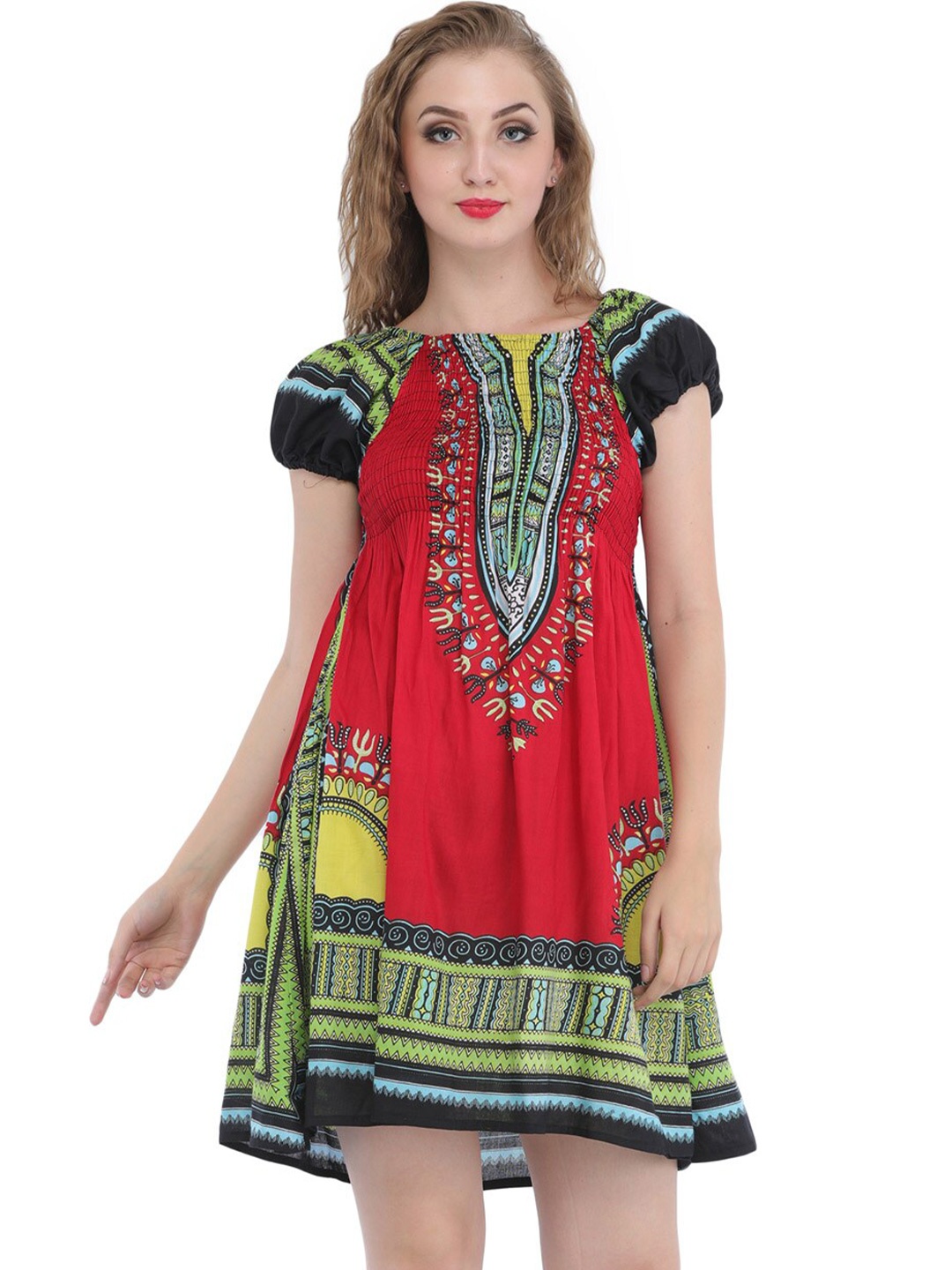 

Exotic India Ethnic Motifs Printed Square Neck A-Line Dress, Red