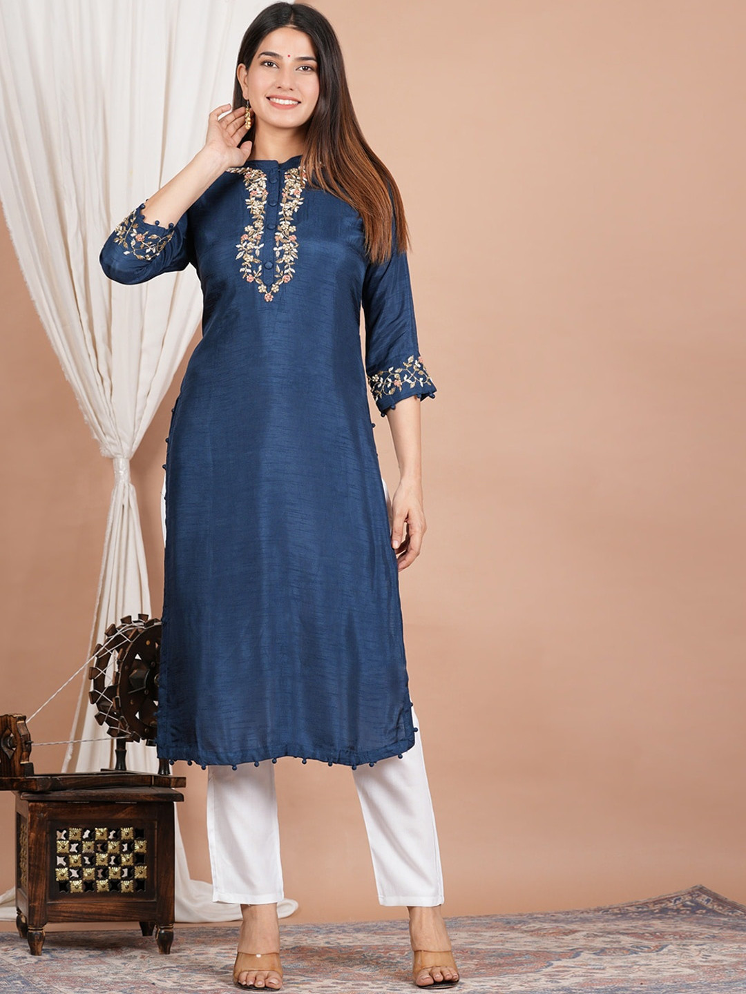 

KALINI Embroidered Yoke Design Mandarin Collar Thread Work Chanderi Silk Straight Kurta, Blue