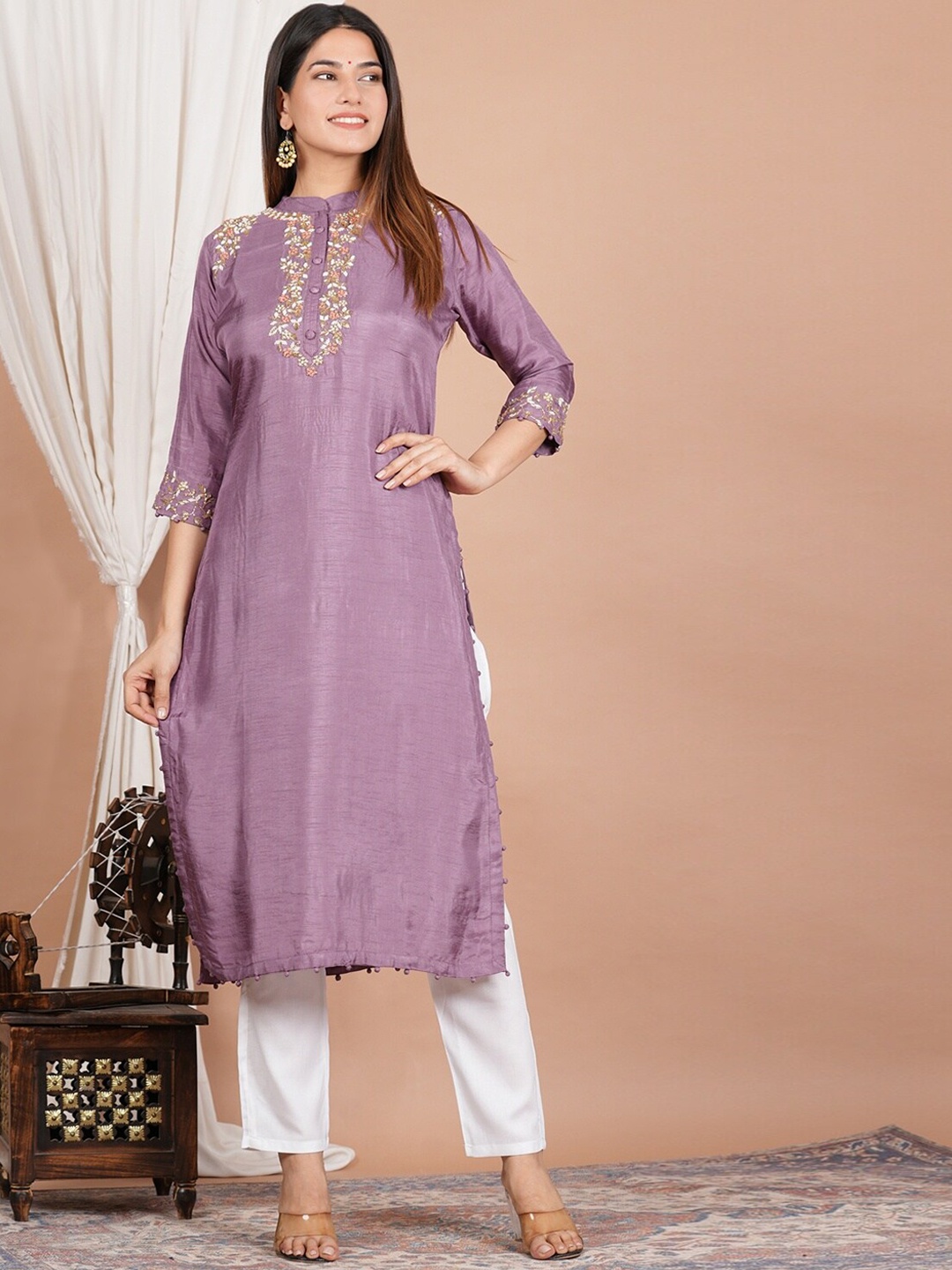 

KALINI Embroidered Yoke Design Mandarin Collar Thread Work Chanderi Silk Straight Kurta, Purple