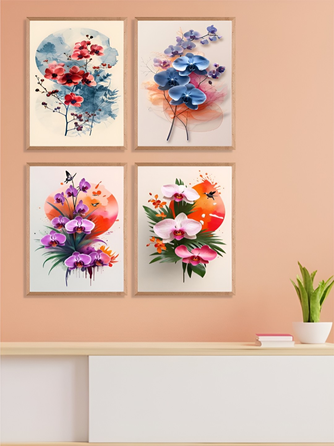 

Aura White & Blue 4 Piece Synthetic Wood Floral and Botanical Wall Paintings