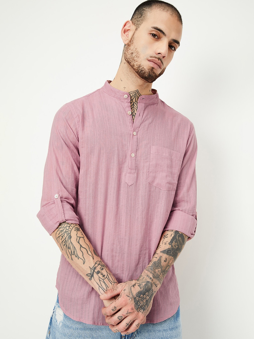 

max Striped Cotton Thread Work Straight Kurta, Pink