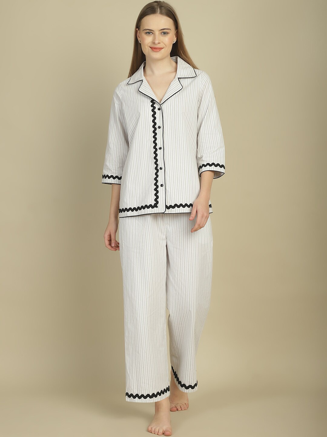 

BLANC9 Striped Pure Cotton Night Suit, Grey