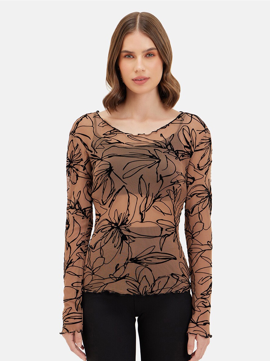 

Kazo Boat Neck Long Sleeves Abstract Print Net Top, Beige