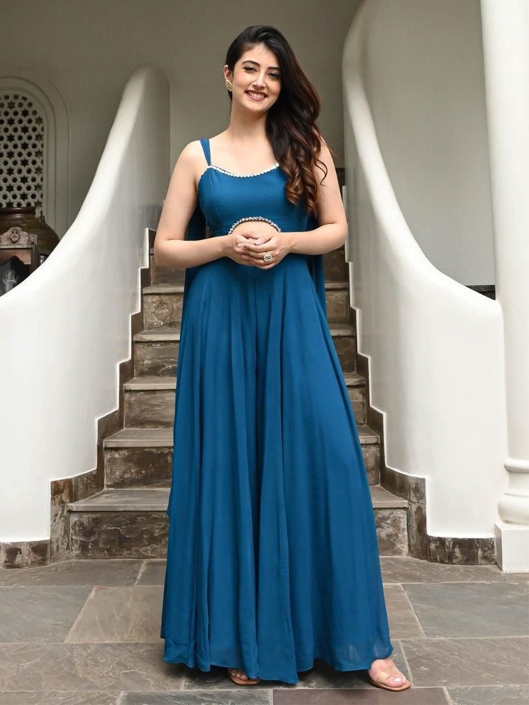 

Urbanstree Shoulder Straps Ethnic Basic Jumpsuit With Dupatta, Blue