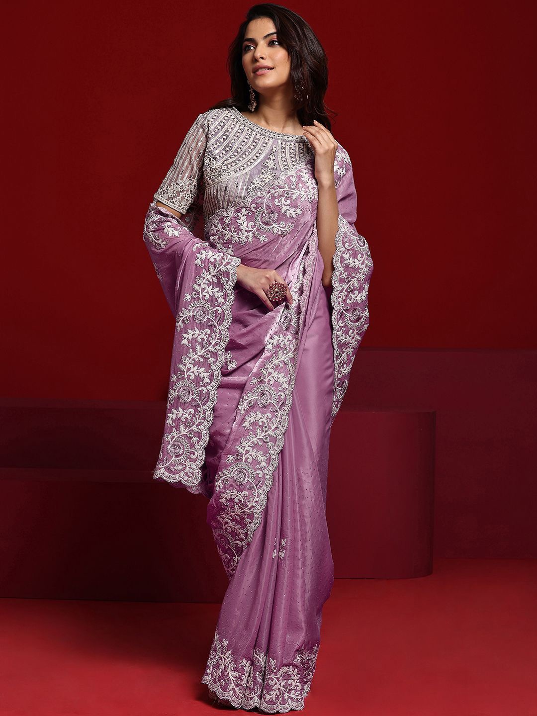

Libas Art Floral Beads and Stones Tissue Saree, Lavender