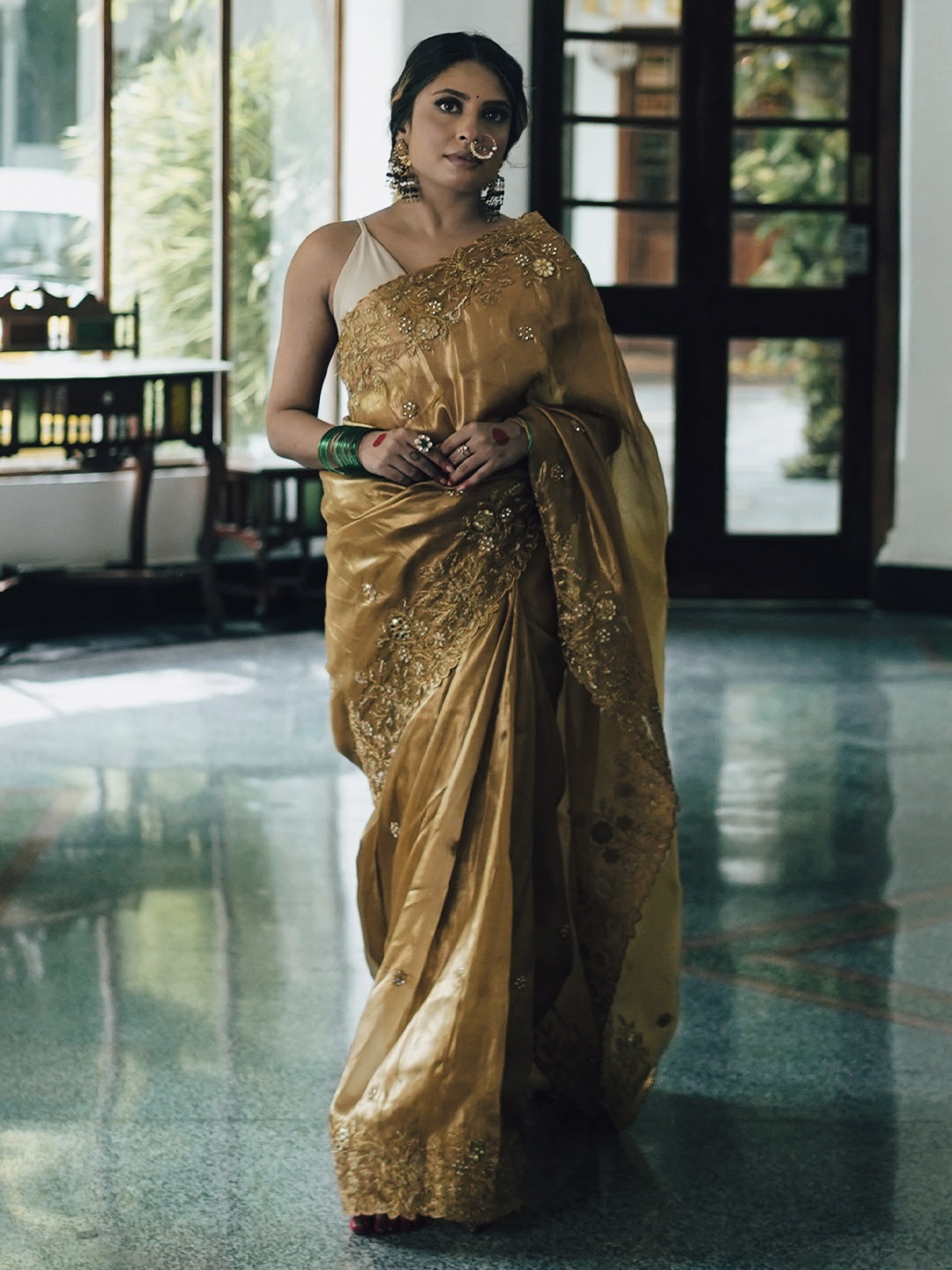 

Libas Art Floral Beads and Stones Silk Blend Saree, Mustard