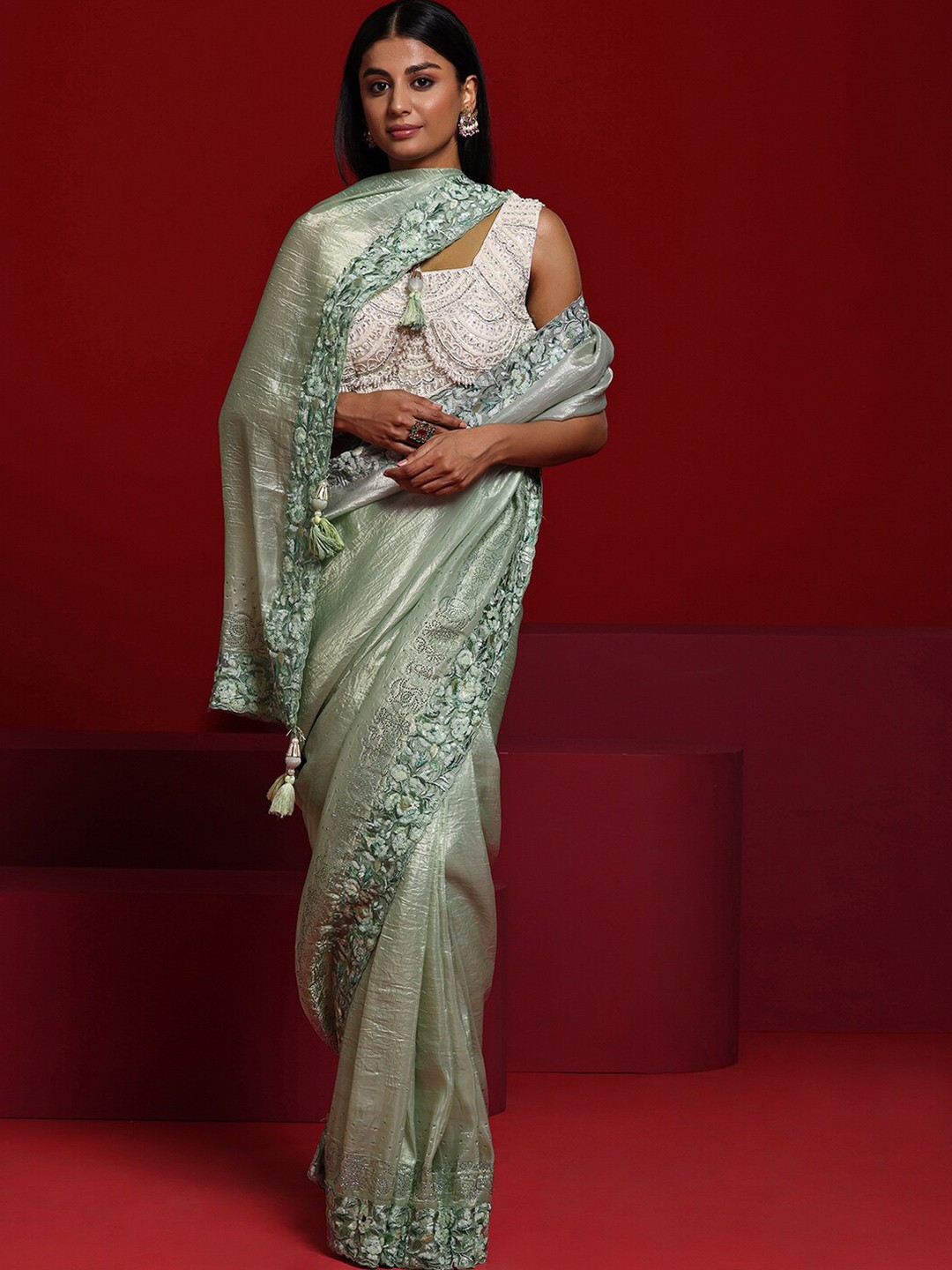 

Libas Art Floral Beads and Stones Tissue Saree, Green