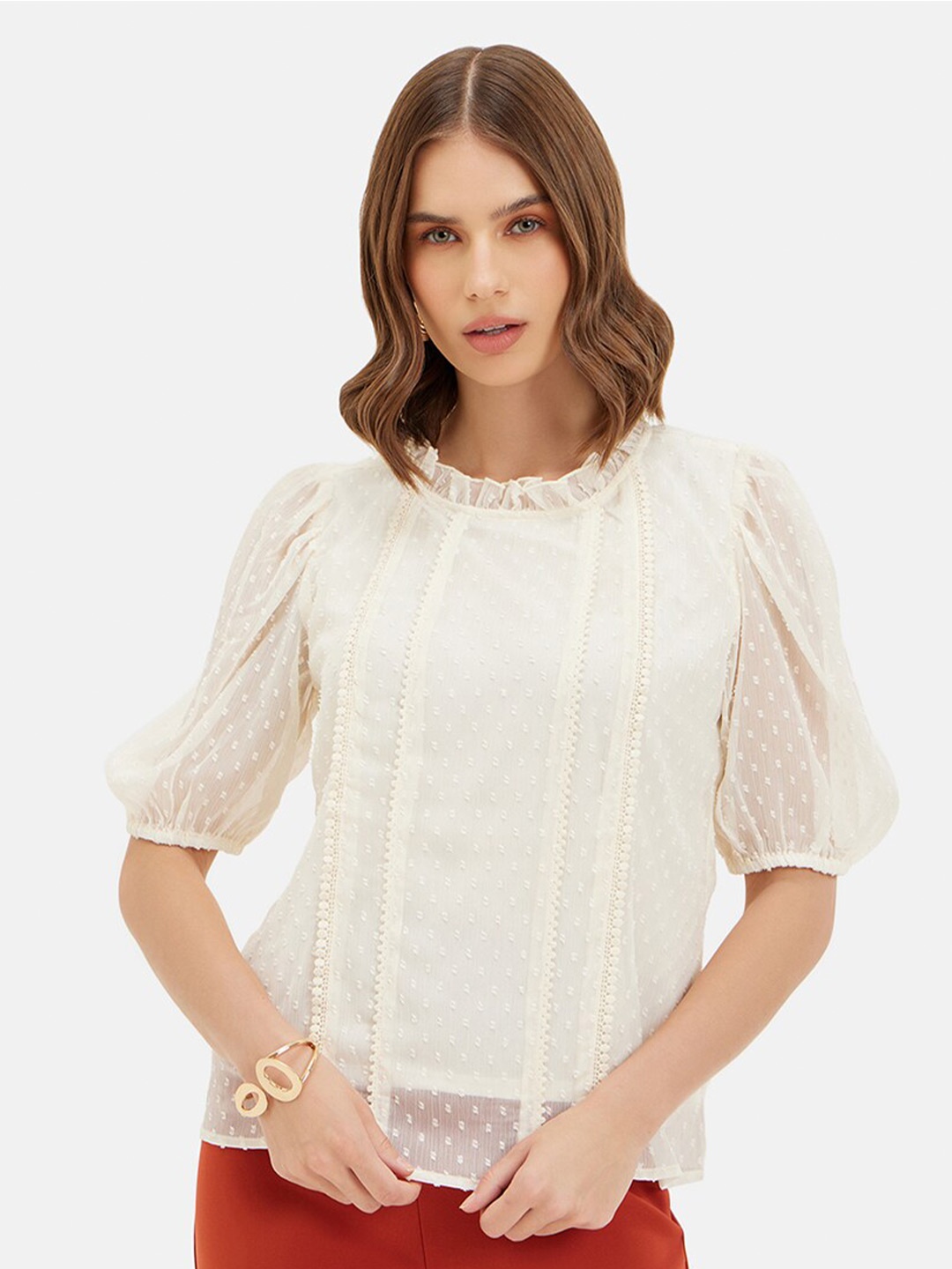 

Kazo Round Neck Puff Sleeve Chiffon Top, Beige