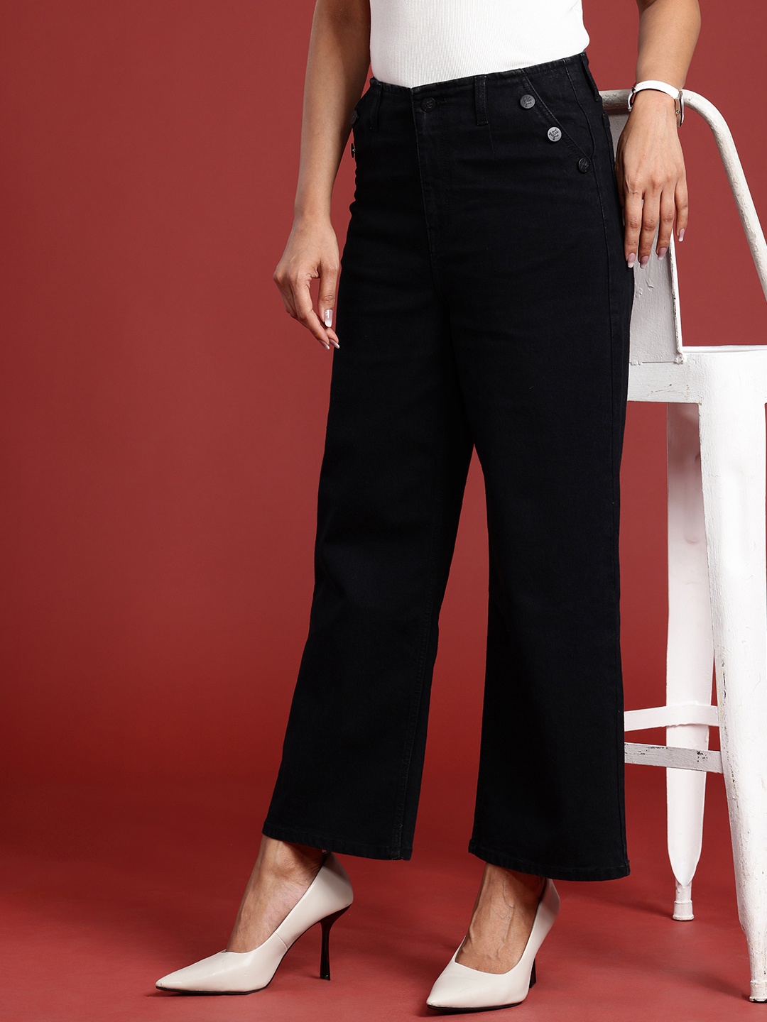 

all about you Women Wide Leg High-Rise Stretchable Jeans, Black
