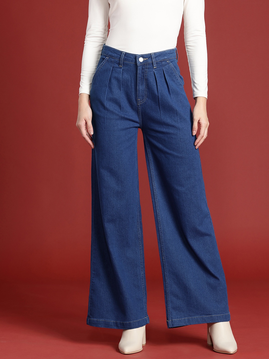 

all about you Women Wide Leg High-Rise Pleated Stretchable Jeans, Blue