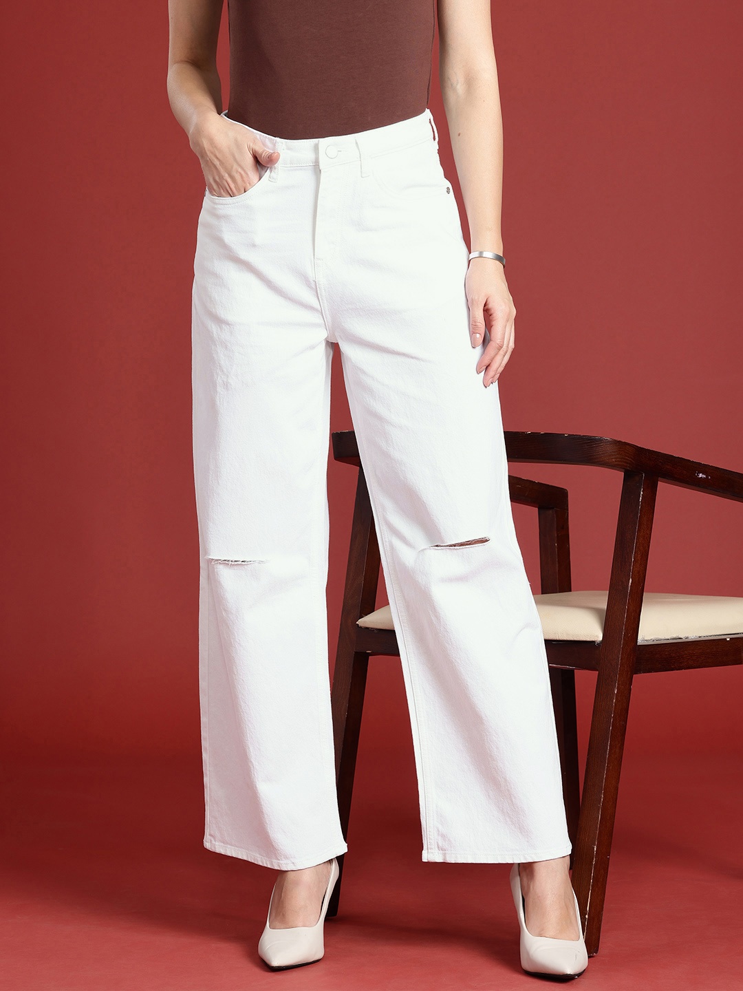 

all about you Women Straight Fit High-Rise Slash Knee Stretchable Jeans, White