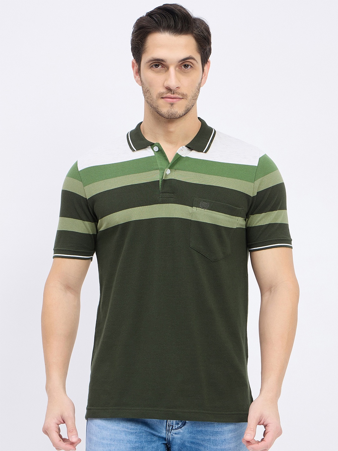 

Duke Men Striped Polo Collar Pockets T-shirt, Green