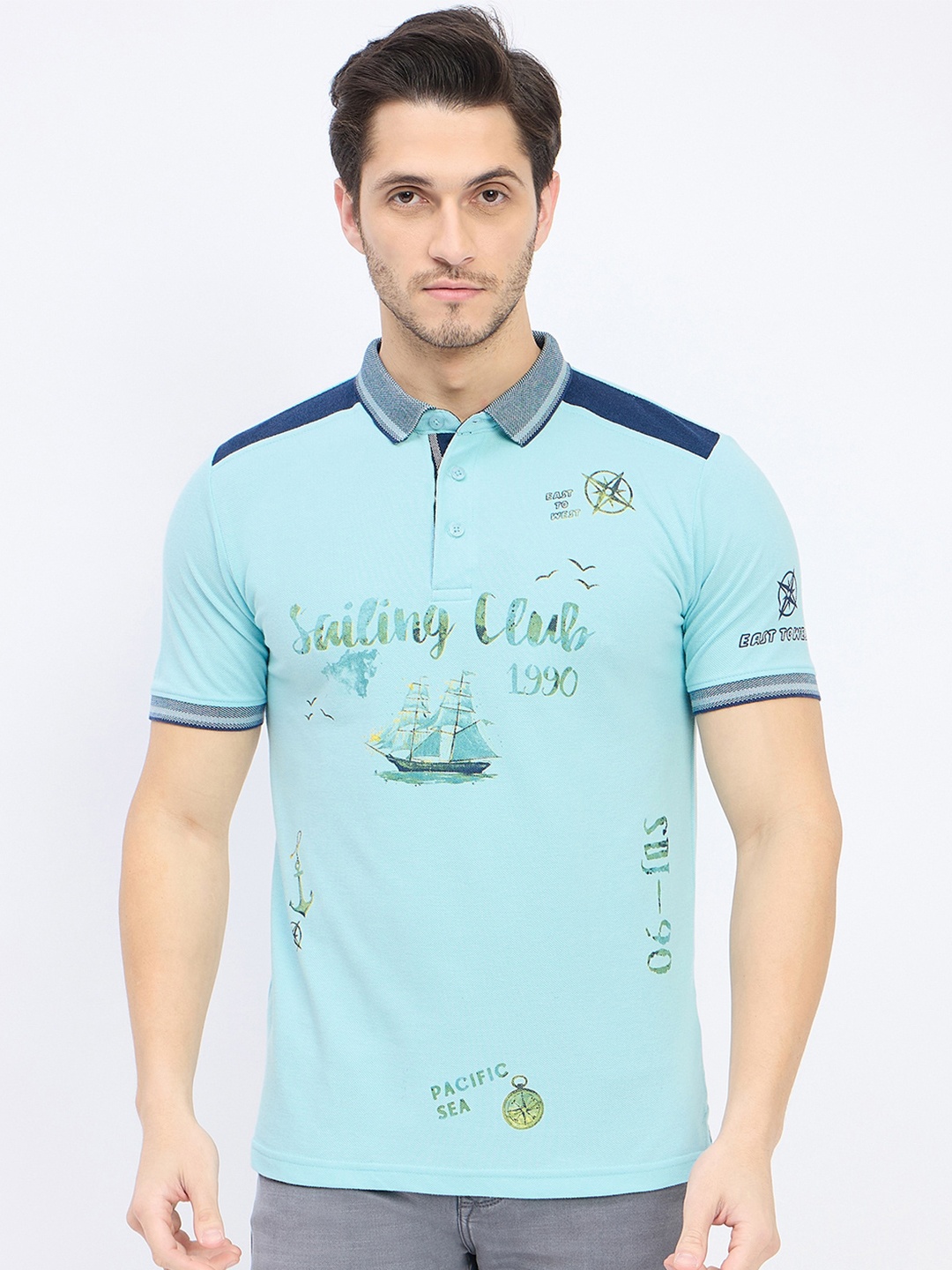 

Duke Men Printed Polo Collar Nautical Slim Fit T-shirt, Blue