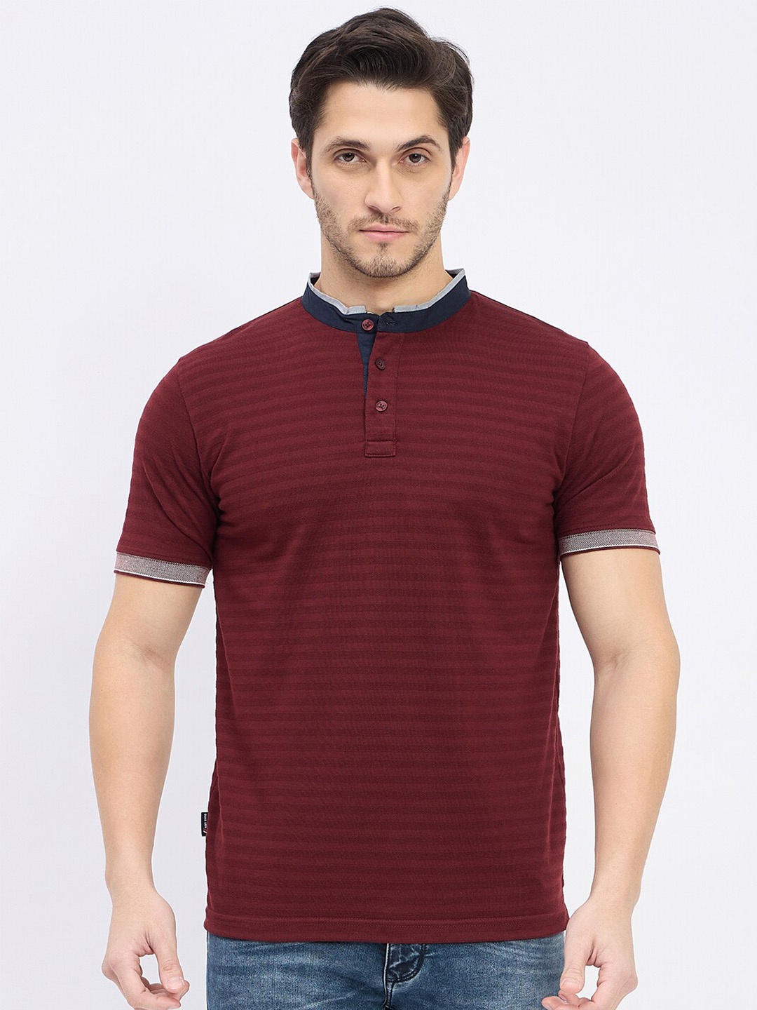 

Duke Striped Mandarin Collar Short Sleeves Cotton Slim Fit T-shirt, Maroon