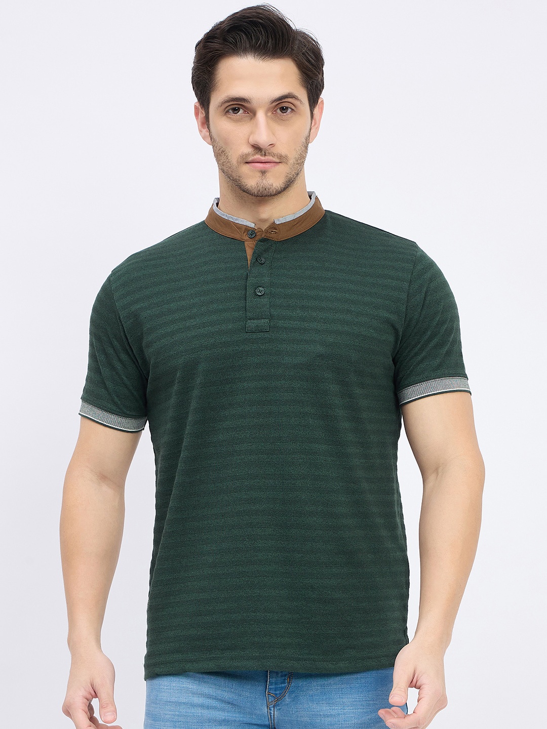 

Duke Men Striped Mandarin Collar Slim Fit T-shirt, Green