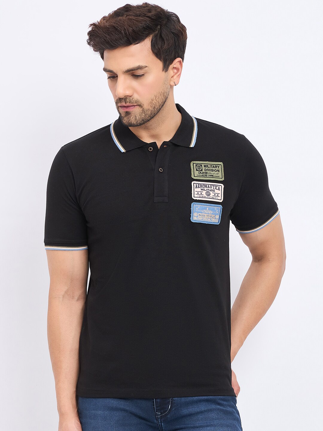 

Duke Men Polo Collar Applique Slim Fit T-shirt, Black