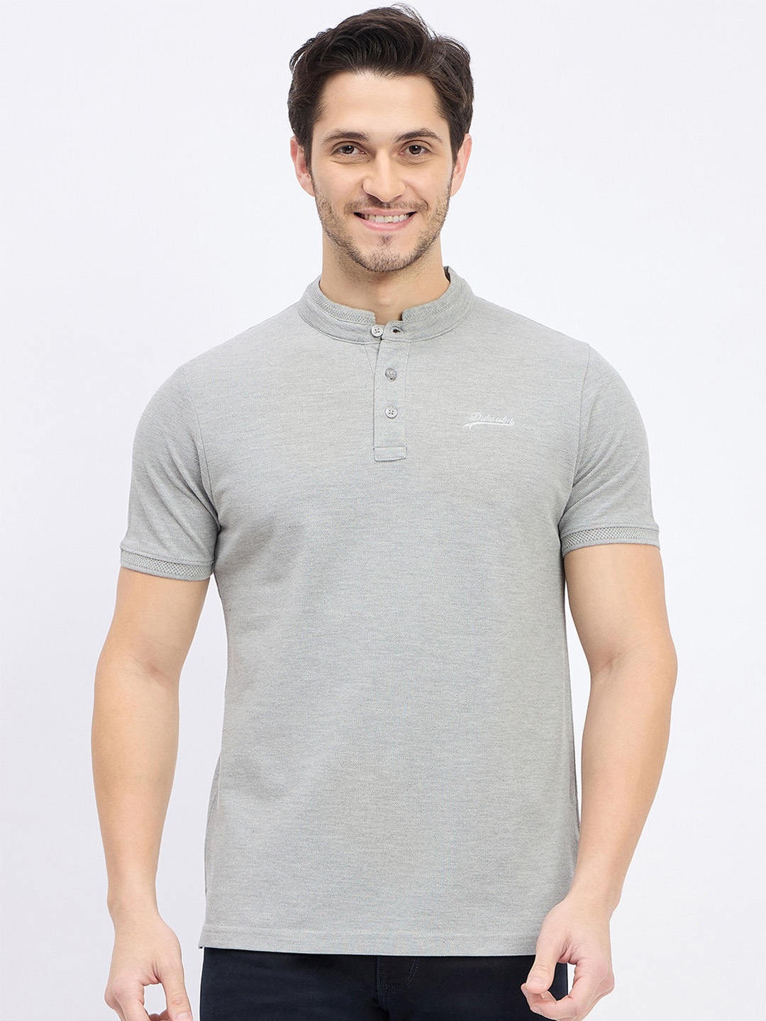 

Duke Mandarin Collar Short Sleeves Cotton Slim Fit T-shirt, Grey