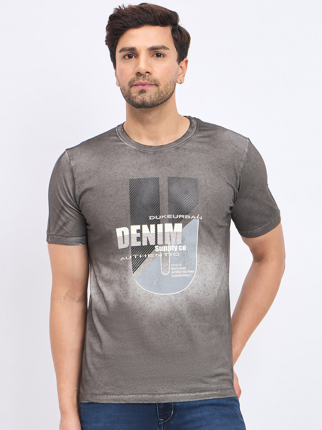 

Duke Men Typography Printed Dyed Slim Fit T-shirt, Grey