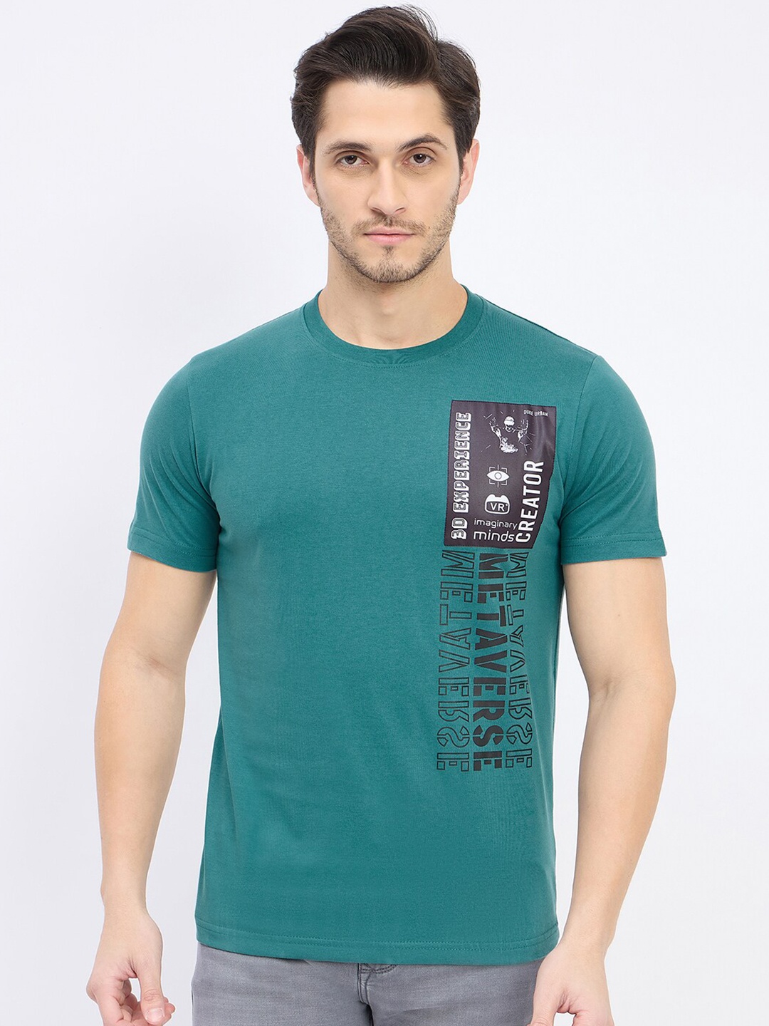 Duke Men Typography Printed Applique Slim Fit T-shirt, Blue