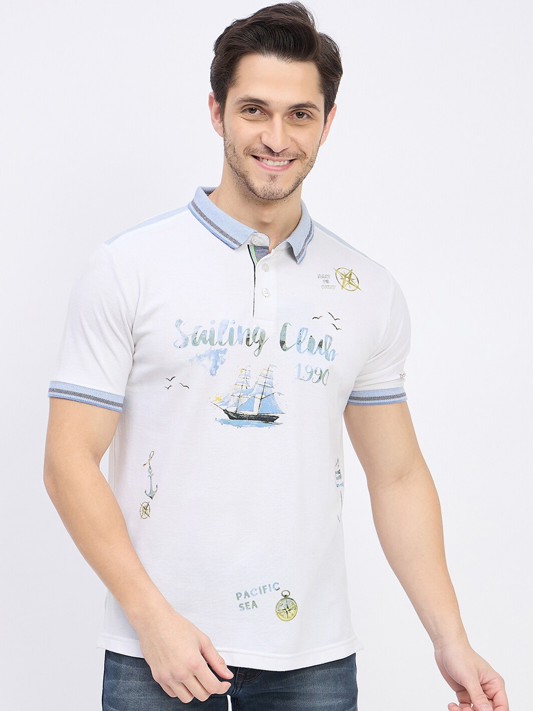 

Duke Men Nautical Polo Collar Slim Fit T-shirt, White